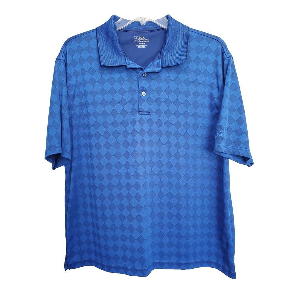 PGA Tour Men's Blue Diamond Print Short Sleeve Golf Polo Shirt Size XL